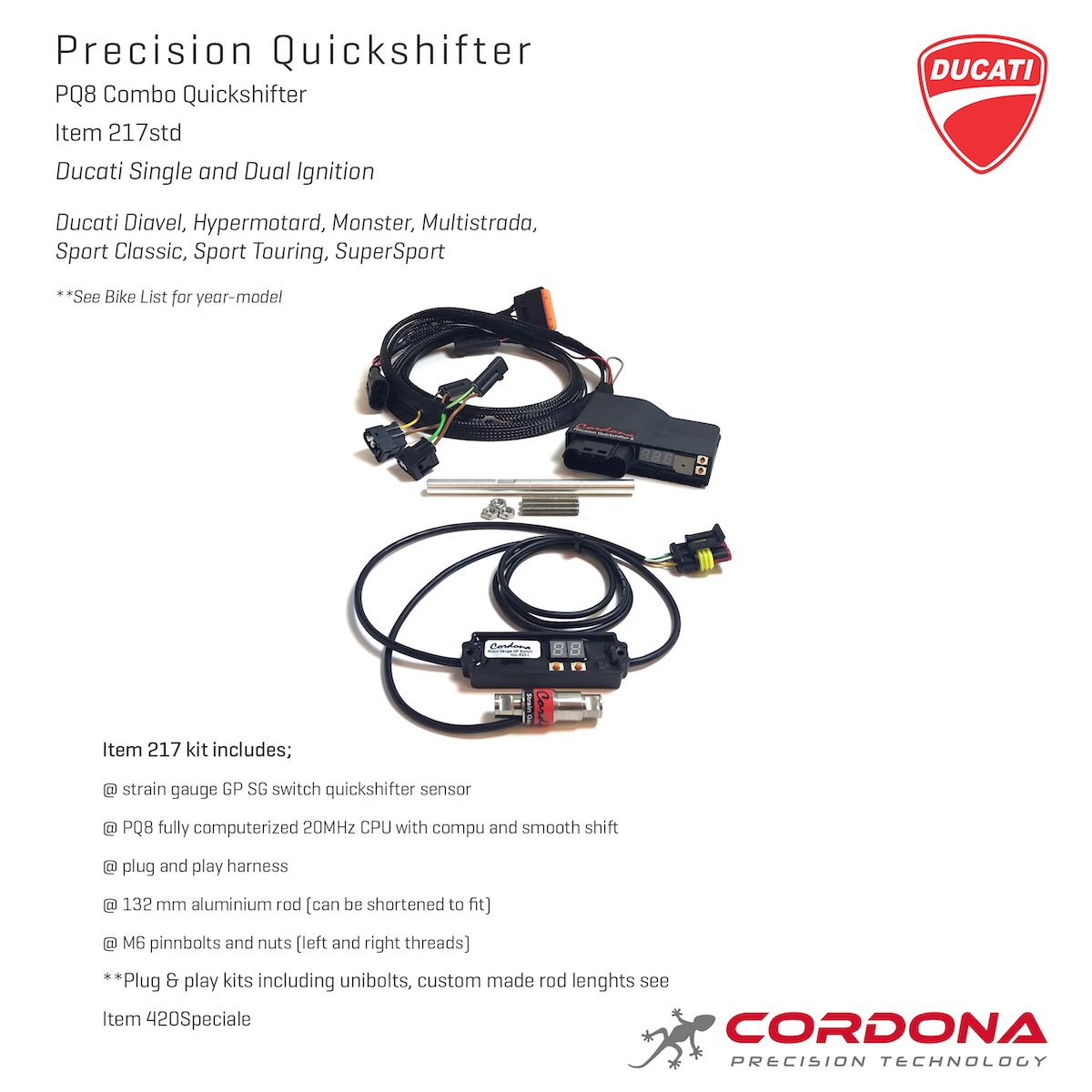 Precision Quickshifter 8 Combo Strain Gauge Quickshifter Kytkimellä Ducati Monster, Hypermotard, Diavel, Multistrada - Cordona